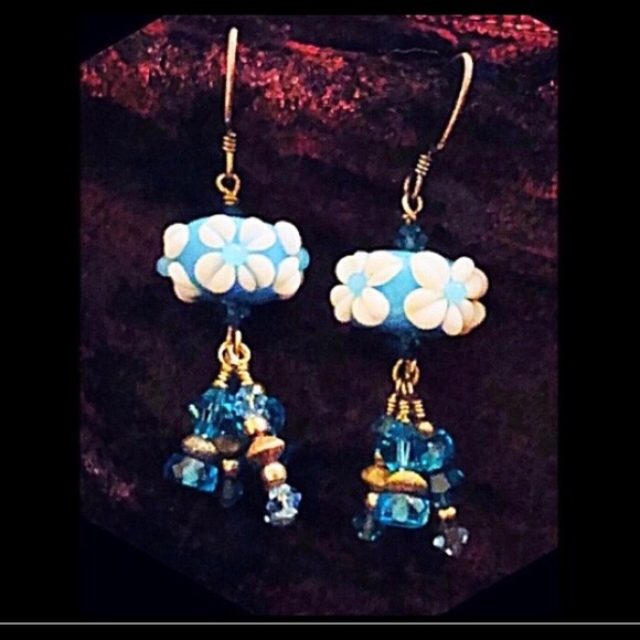 Earrings-Lampworks Blue/White/Antiqued - Picture 2 of 5